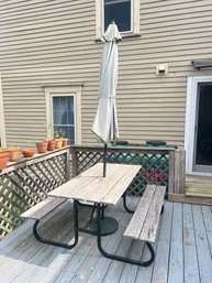 344 - WOODEN PICNIC TABLE WITH METAL FRAME AND UMBRELLA