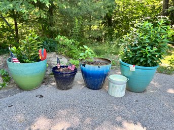 4 - PLANT POTS - 3 LARGE ARE PLASTIC AND AROUND 18' H.