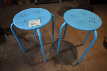 LOT 197 - TWO METAL BLUE ROUND TOP VINTAGE TABLES