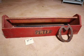 LOT 329 - ANTIQUE TOOL CARRY BOX, WOODEN, PAINTED 'PETER', AND HORSESHOE