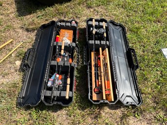 34 - VERY NICE ICE FISHING RODS AND TIP-UPS IN CASES - VERY NICE LOT!!