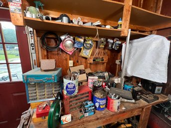 80 - BIG LOT! HARDWARE, TOOLS, ODDS AND ENDS, (DRILL PRESS UNDER WHITE SHEET NOT INCLUDED)