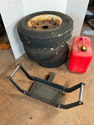 154 - TIRES, GAS CAN, TIRE RACK /HOLDER FOR VEHICLE