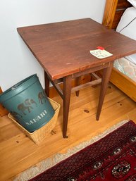 49 - EARLY SIDE TABLE, NOTICE INLAY, AND TWO CONTAINER/BASKET