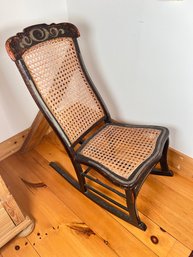 59 - ANTIQUE ROCKING CHAIR, WITH CAINING AND PAINT DETAILS