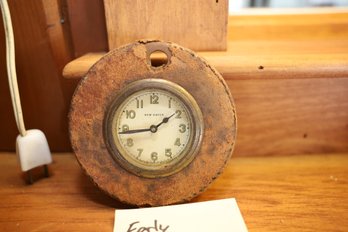 LOT 187 - EARLY NEW HAVEN LEATHER WRAPPED CLOCK