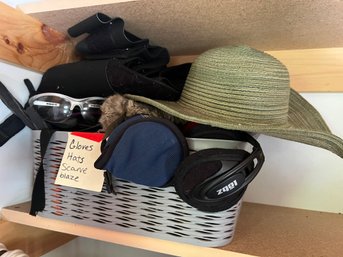 94 - HATS, GLOVES, EAR MUFFS, GLASSES, BASKET AND EVERYTHING IN IT