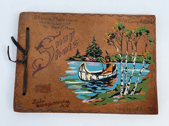 17 - VINTAGE LAKE WINNIPESAWKEE LEATHER BOUND ALMUM, SNAP SHOTS WITH INDIAN IN BIRCH CANOE!