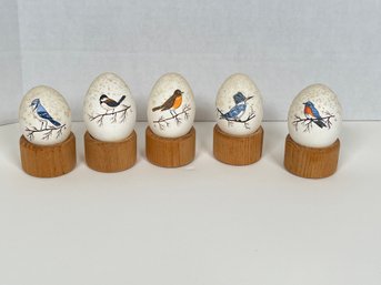 137 - REAL EGGS, HAND PAINTED ON WOODEN STANDS