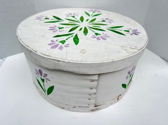 38 - VINTAGE HAND PAINTED FIRKIN BOX, WHITE WITH FLOWERS