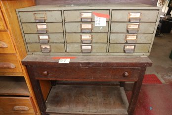 LOT 306 - REALLY NICE VINTAGE MULTI-DRAWER METAL CHEST AND ALL CONTENTS AND FURNITURE UNDER IT.