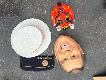 109 - VINTAGE HOLLOWEEN MASKS, AND CAP AND HAT, CONDITION ISSUES