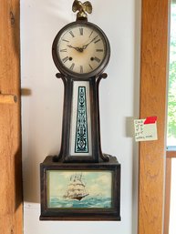 220 - ANITQUE CLOCK, WITH KEY, PAINTED SHIP, AND EAGLE, REALLY NICE!