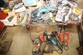 LOT 366 - HUGE TOOL LOT! ALL ITEMS ON TABLE AND UNDER TABLE AND THE TABLE ITSELF