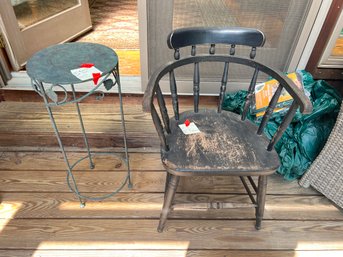 249 - ANTIQUE CHAIR AND METAL STAND