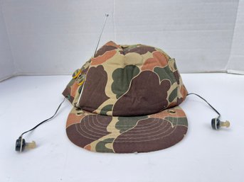 177 - VINTAGE CAMO HAT, WITH RADIO AND ANT., MADE IN USA, GREAT EBAY RESELLER ITEM! HARD TO FIND