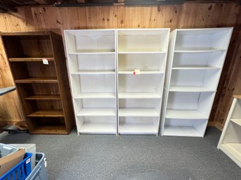 286 - FOUR BOOKCASES, THREE WHITE AND ONE BROWN, GROUND LEVEL