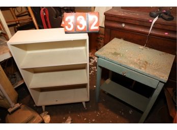 LOT 332 - WHITE MID CENTURY SHELF AND GREEN CHIPPY PAINT STAND