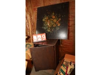 LOT 329 - ANTIQUE CARD TABLE AND WOODEN STORAGE CABINET BELOW IT