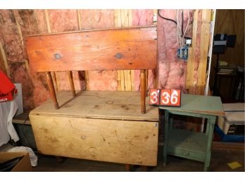 LOT 336 - TWO DROP LEAF TABLES AND GREEN SMALL ONE DRAWER STAND - RIGHT NEXT TO DOOR!