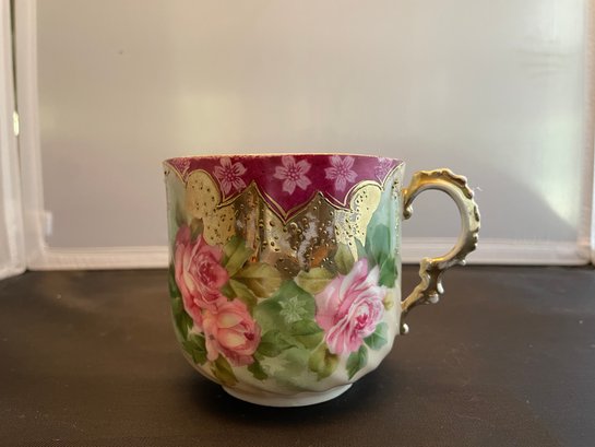 Mustache Cup By RS Prussia - Antique Moustache Cup With Roses & Gilded Decor - Victorian Gentleman's Teacup