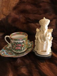 Japanese Tea Cup With Saucer And Figurine