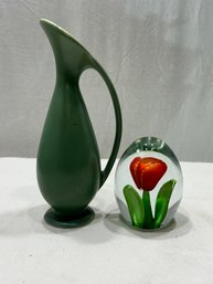 RED WING VASE AND GLASS PAPERWEIGHT