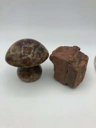 MARBLE MUSHROOM AND PETRIFIED WOOD