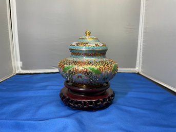 Antique Cloisonne Jar W/Cherrywood Stand
