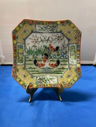 Vintage Rose Famille Chinese Hexagonal Rooster Plate