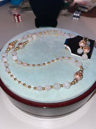 Rose Quartz And Cloisonne Necklace And Earring Set