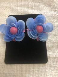 Blue Plastic Vintage Floral Clip Ons