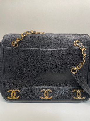 Chanel Black Caviar Leather Tote Shoulder Bag Gold Tone Hardware 1996-1997
