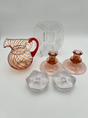 Candle Holders, Pitcher And Decorative Plate