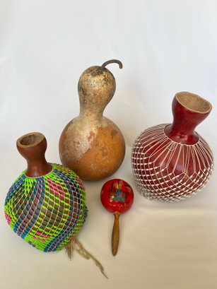 3 Large African Shekere Gourd Rattles And 1 Mexican Maraca