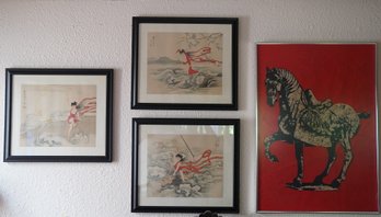 3 Japanese Paintings And Horse Painting