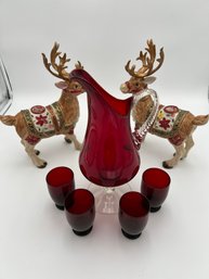 Reindeer, Pitcher And 4 Cups