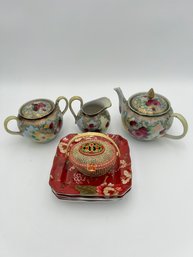 Set Of Plates, Teapot, Gravy Dish And Decorative Jewelry Container