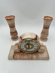 Marble Clock And 2 Marble Vases