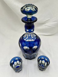 Vintage Cobalt Blue Overlay Decanter And Two Glasses