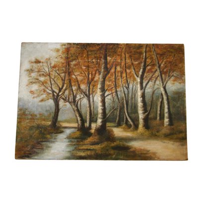 Antique Oil Painting Birch Trees Along A Stream