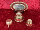 Silver Plated Creamer, Footed Small Bowl, Medium Sized Oval Bowl And Small Dessert Or Sugar Bowl