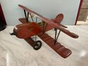 Large Vintage Wood Carved Biplane With Red Baron Fighter Pilot With Original Rubber Tires