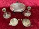 5 Piece Silver Plated Lot 2 Candle Holders Tapers Godinger, Cream And Sugar Dish, Small Platter