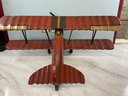 Large Vintage Wood Carved Biplane With Red Baron Fighter Pilot With Original Rubber Tires