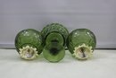 Vintage Indiana Glass Green Duette Quilted Diamond Rose Bowl & Green Glass Open Lace Edge Compote