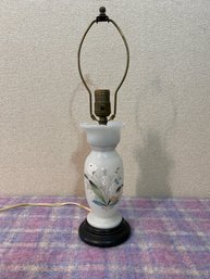 Antique Frosted Glass Table Lamp With Brass And Wood With Painted Flowers 19 1/2'