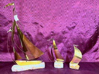 DeMott Sailboat Sculptures, Brass On Onyx/quartz Raw Edge, Collection From 9 To 24 Inches Tall