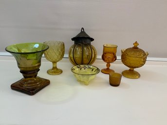 Mixed Amber Glass Lot Hanging Lantern Vase Handmade In Spain Candy Jar And Other Pieces