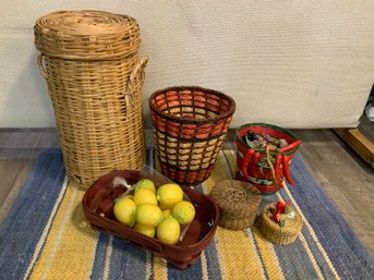 6 Wicker Baskets With Faux Fruit